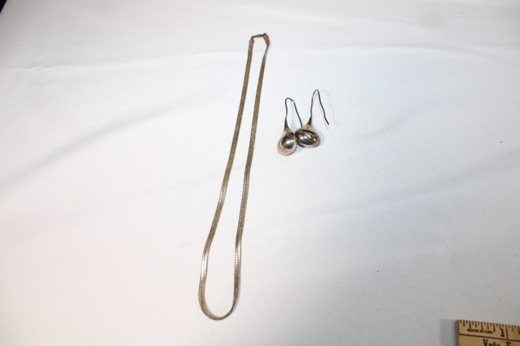 Sterling Silver Earrings and Necklace: Good overall condition