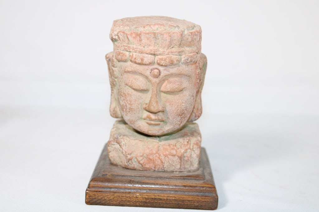 Stone Buddah Head on Wood Base: Good overall condition