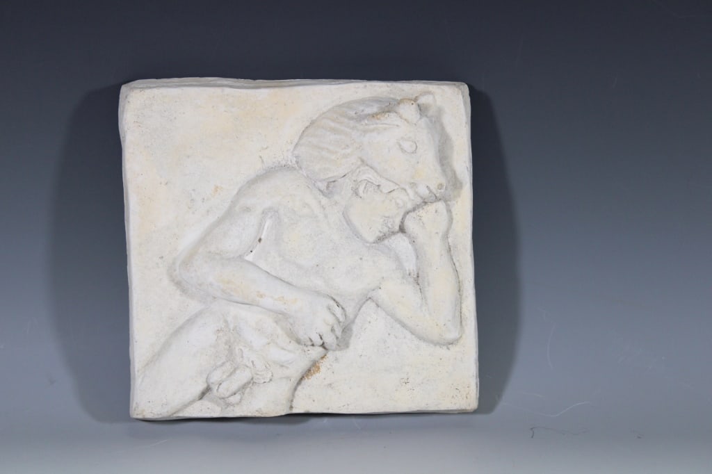 White Clay Glazed Plaquette - Man w/Horse: Good overall condition