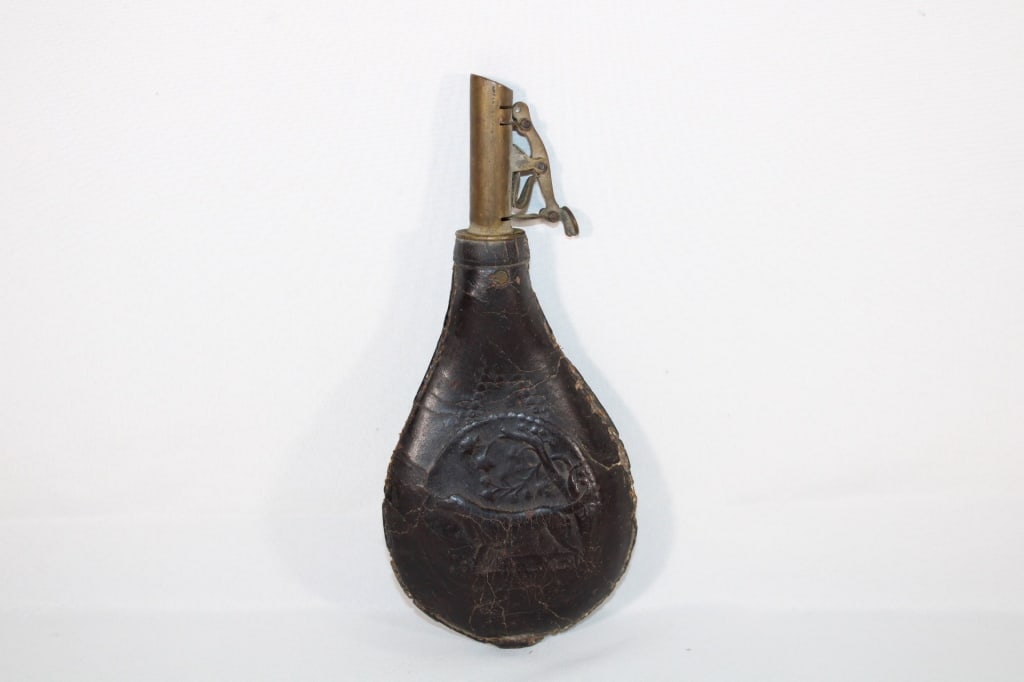 Antique Black Powder Flask -Leather w/Dog (1 of 4)