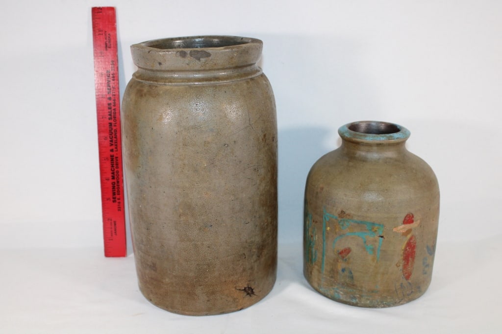 Two antique crocks one handpainted: Good Overall Condition