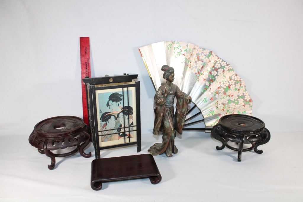 Large lot of VTG Asain decor pieces: Fan, Candle lantern, Statue-some damage, vase stands Good Overall Condition