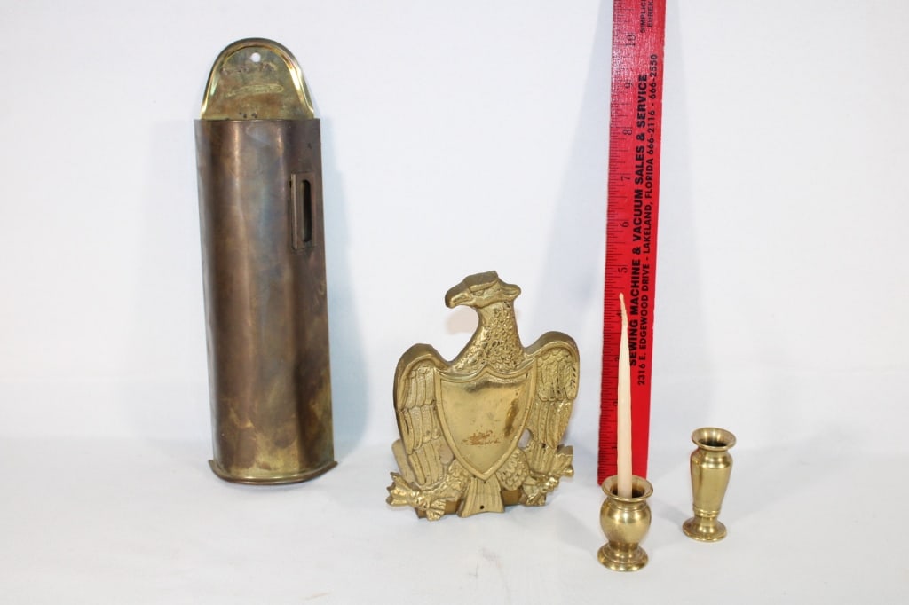 Brass Eagle bookend,small vases,match holder: Good Overall Condition