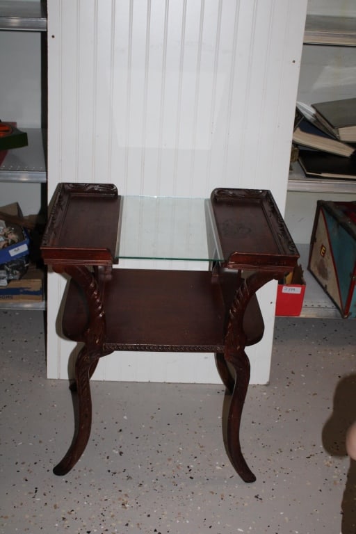 Small antique wooden table with glass insert (1 of 3)
