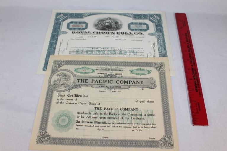 The Pacific Co.-Royal Crown Cola Co. stock: Ephemera dated 1968 Good overall as pictured
