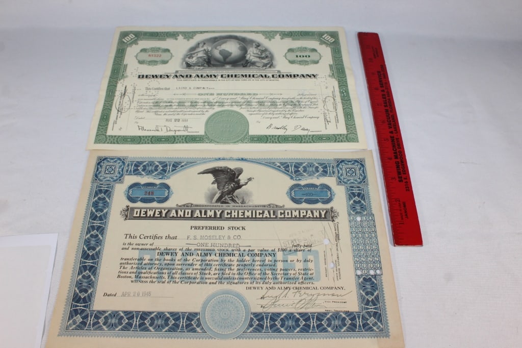 Dewey and Almy Chemical Co. Stock April 1945: Good overall as pictured