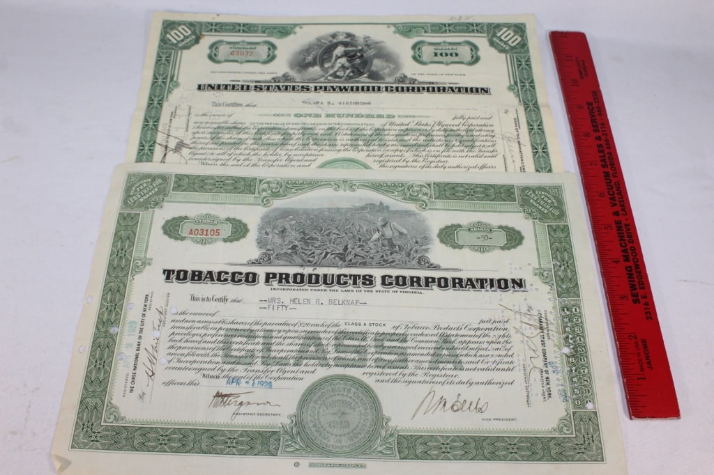 Tobacco Products corp. U.S. Plywood Corp stock: Ephemera dated 1929 Good overall as pictured