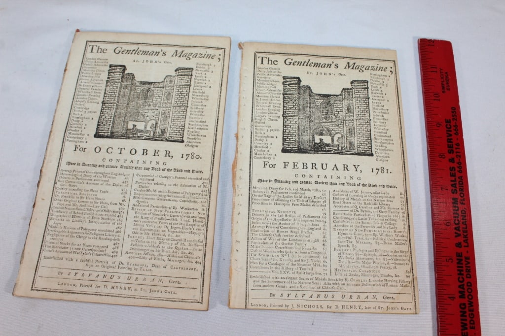 Pair of The Gentlemans Magazine 1781-1780: Gentlemans Magazines Feb. 1781 Oct. 1780 Good overall as pictured