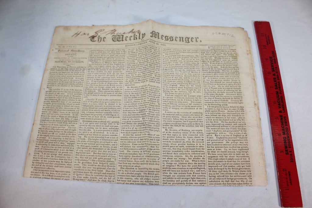 The Weekly Messenger June 1812 Newspaper: Good overall as pictured