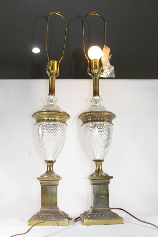 Pair Tall Brass & Pressed Glass Lamps (1 of 4)