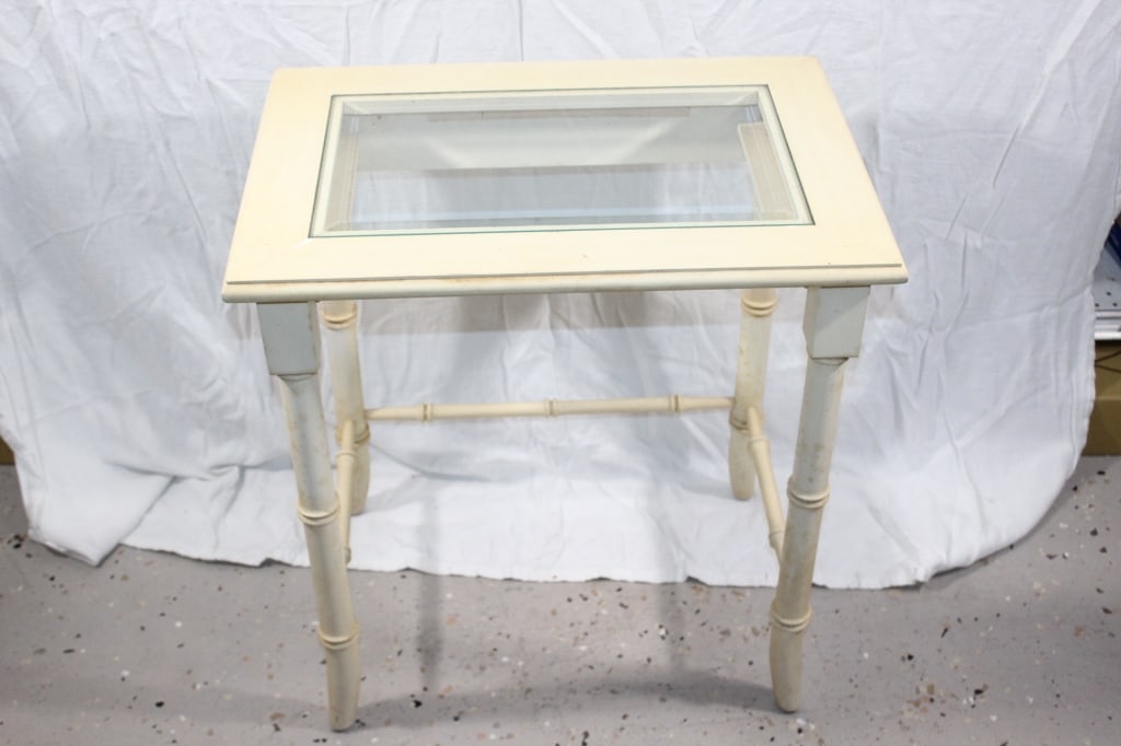 Vintage Wood and Glass Side Table: measures about 24 by 23 by 16 inches