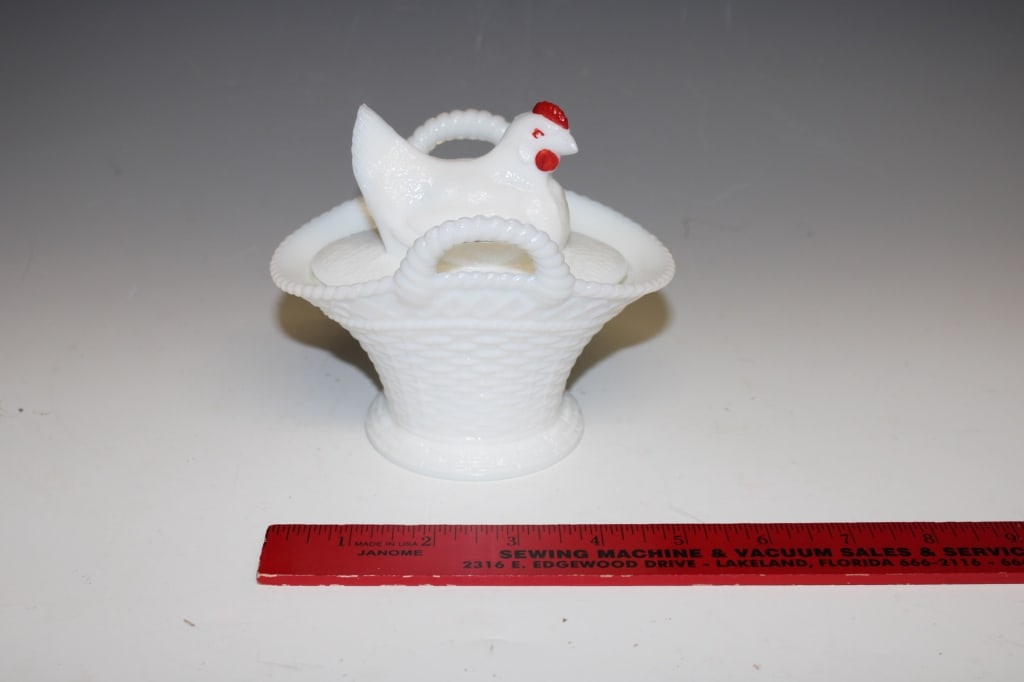 Westmoreland Milk Glass Nesting Hen on Basket: 5" x 5.25" Good overall as pictured
