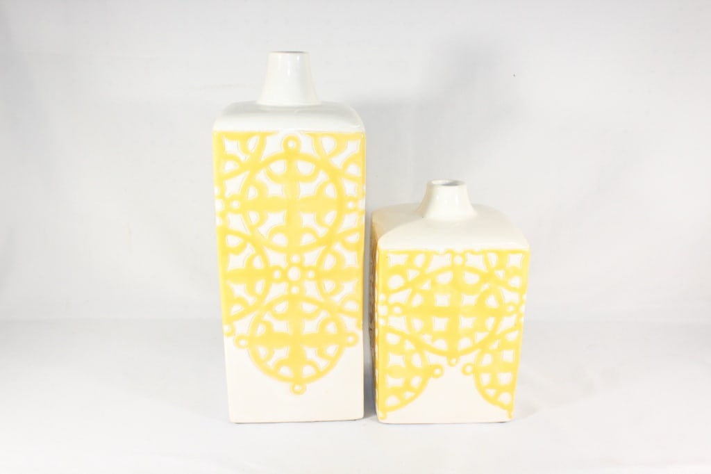Pair of Large Yellow and White Ceramic Vases (1 of 3)