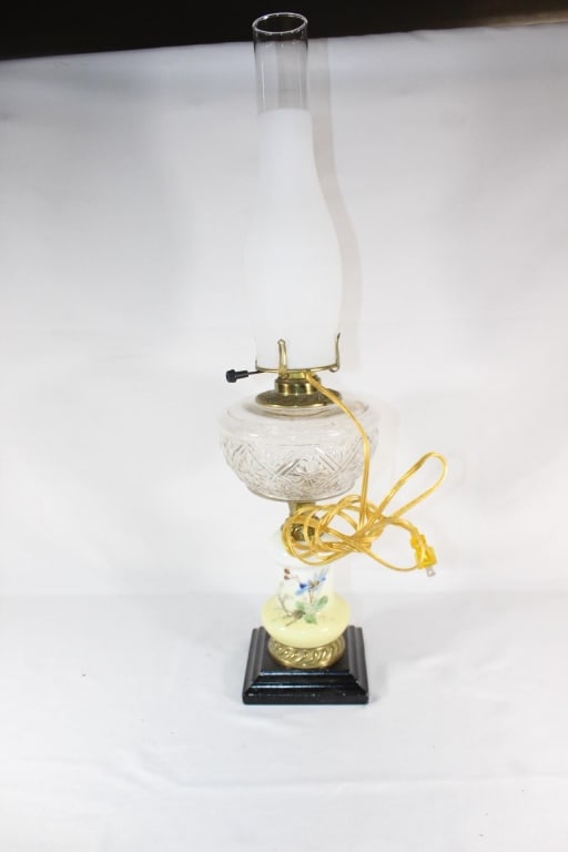 Antique Converted Oil Lamp Hand painted: good overall as pictured
