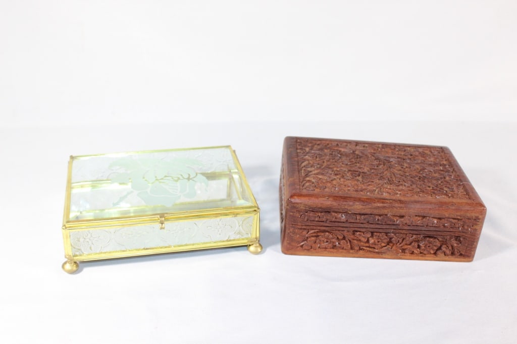 Pair of Dresser Boxes - Glass and Carved Wood: good overall as pictured