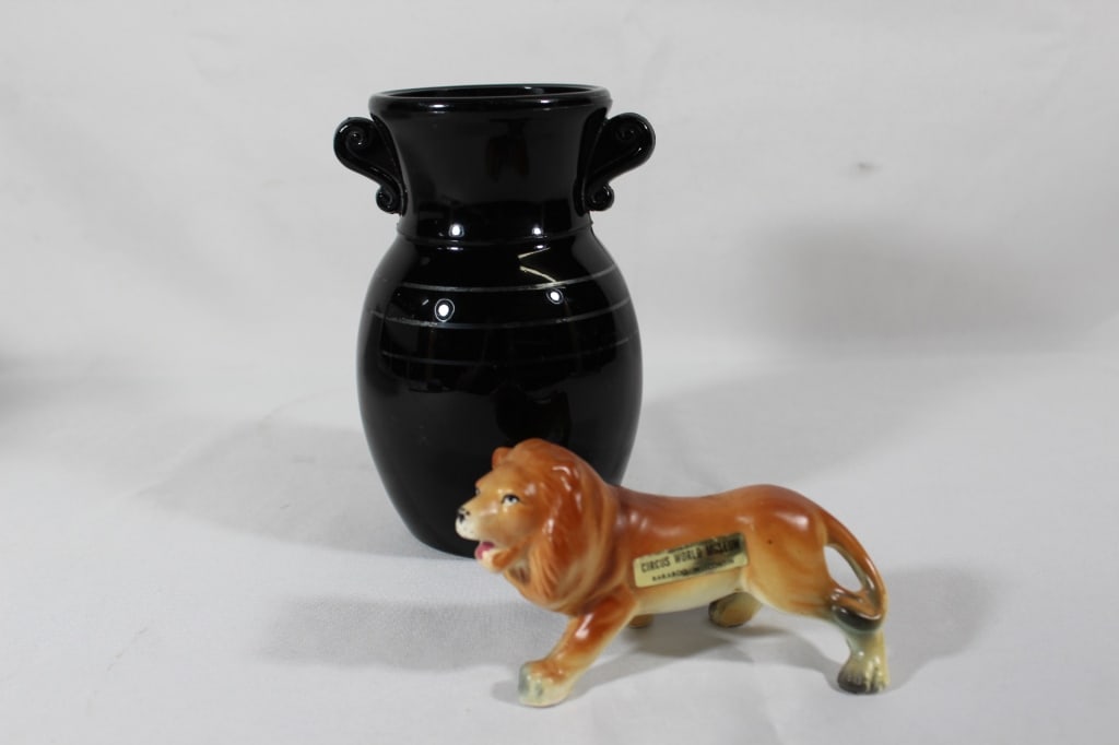 Black Amethyst Depression Glass vase, and Lion (1 of 2)