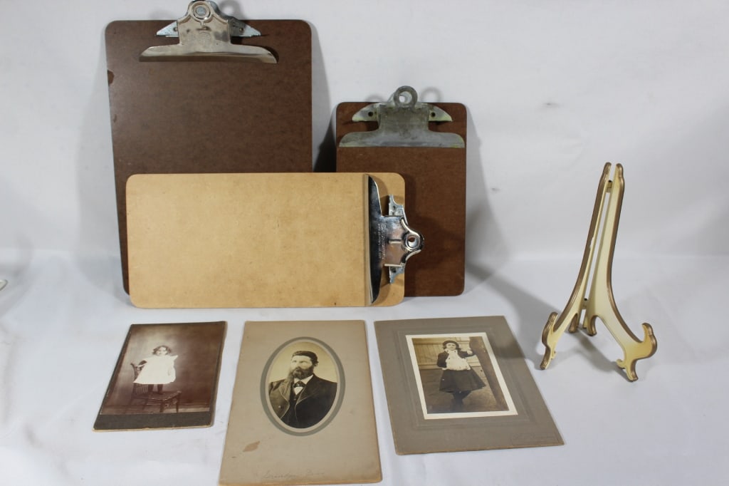 Antique Photos, with assorted Clip boards: 3 Antique Photographs, 3 clipboards, one plate display. Good overall as pictured.