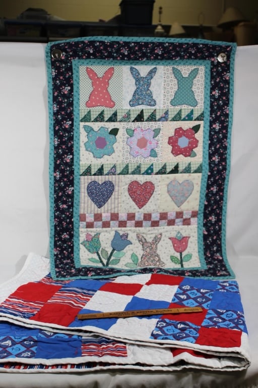 2 Small Hand made decorative/ lap quilts: Good overall as pictured.