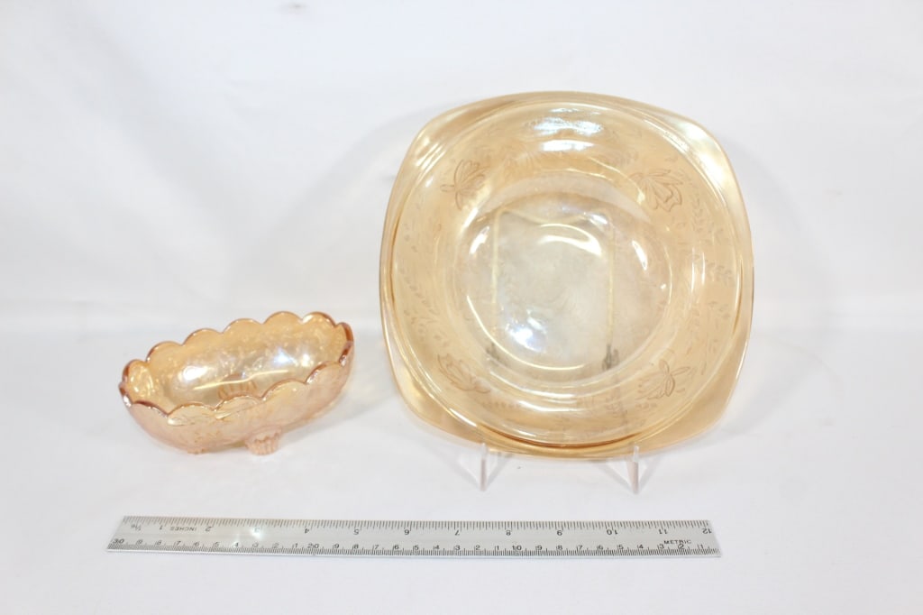 Depression Glass - Jeannette Floragold Louisa 2 Pc: Iridescent Peach Round Serving Bowl 8.25" Iridescent Peach Small Footed Bowl 5.75 x 3.25" Good overall as pictured