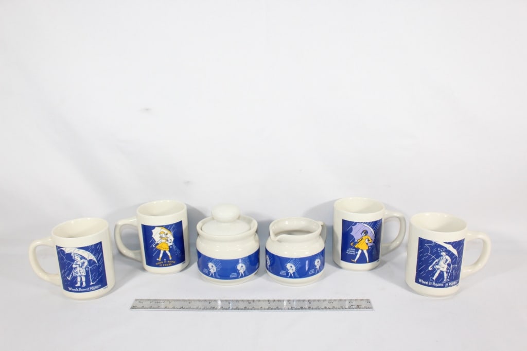 Vtg Morton Salt Mugs w/ Sugar & Creamer: 4 Mugs w/ Morton Salt Girl & Slogan Covered Sugar & Creame w/ Morton Salt Girl & Slogan Good overall as pictured