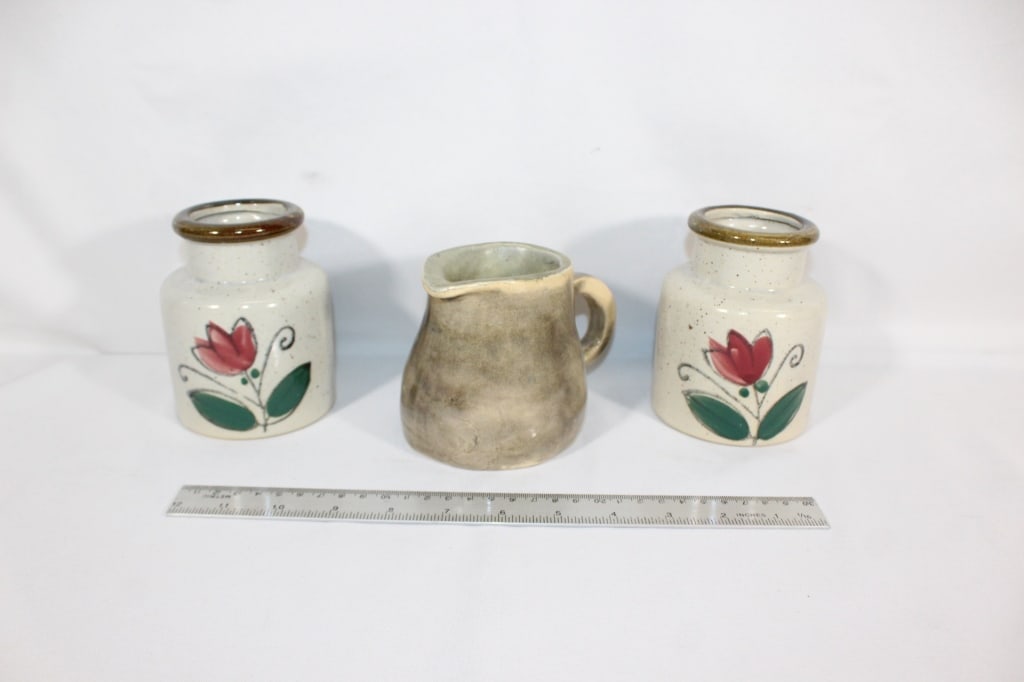 Vtg MCM Pair Stoneware Cannisters & Pitcher (1 of 1)