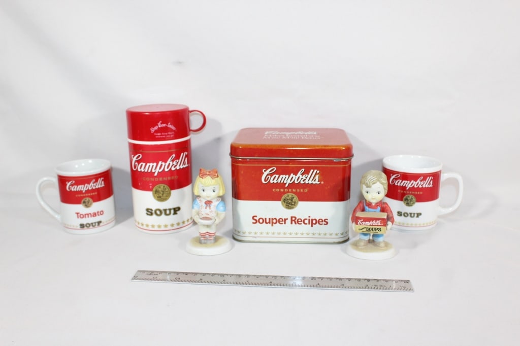 Lot of Campbell Soup Memorabilia: 2 Mugs, Tin, Boy & Gill Figurine& Thermos