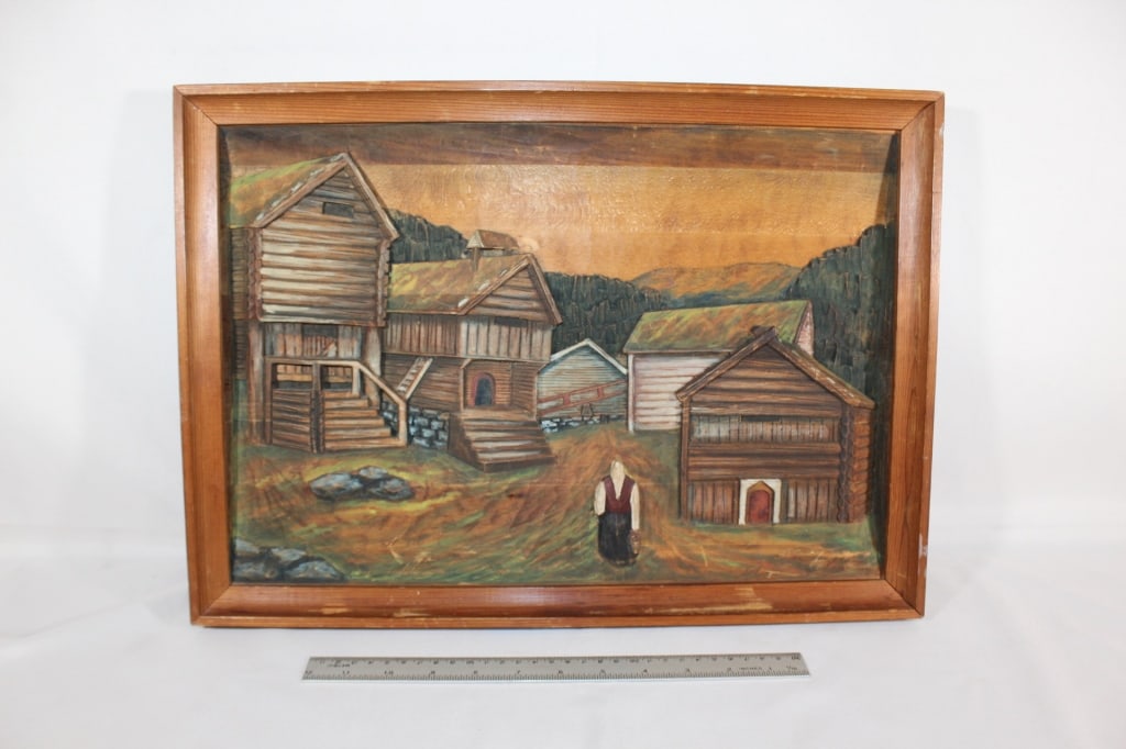 Vtg Norwegian Hand Carved Farm Scene Framed: Signed on back Good overall as pictured