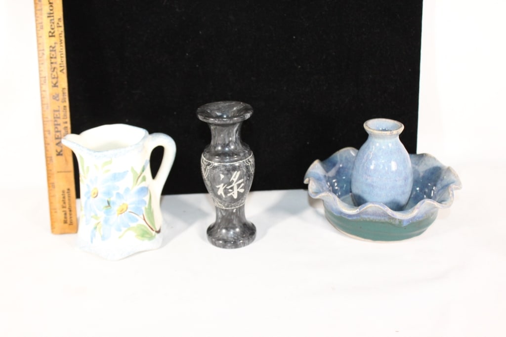 Vintage pitcher,marble vase, clay vase: Good overall as pictured