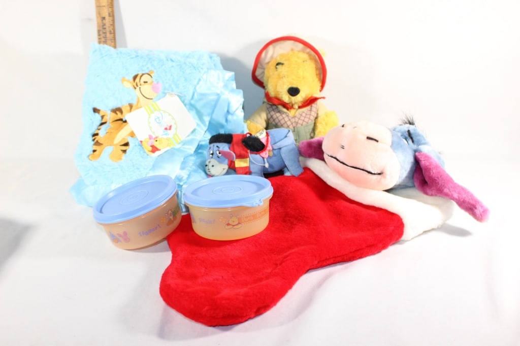 Large lot of Disney items: Baby blanket, toys, stocking,etc Good overall as pictured