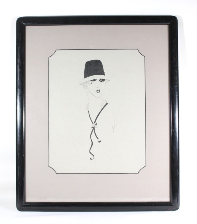 Erte Ink on Paper - Woman in Hat: Erte (Romain De Tirtoff) - Ink on Paper, signed Erte Lower Right, matted and framed measures about 18 x 22 inches; signed size 13.5 x 10.5 inches
