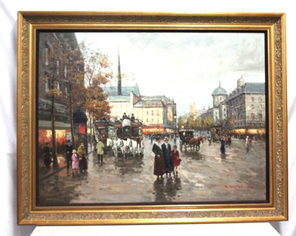 Sofa Size OIC European City Painting - Signed: Signed lower right in Red - C. Hovem? - Beautiful European City Scene, measures about 43.5 inches by 55.5 inches; excellent condition. Proceeds from this lot benefit the Pride Community Center of Nort