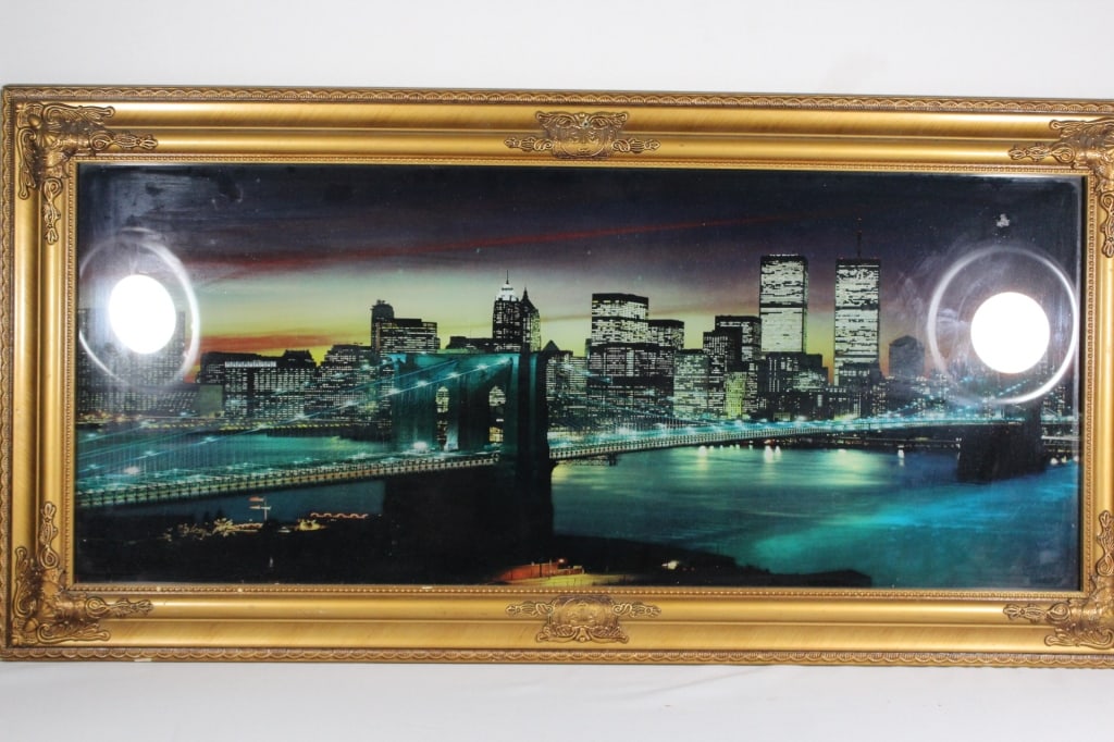 NYC World Trade Centers Framed on Glass: measures about 38 x 20 inches