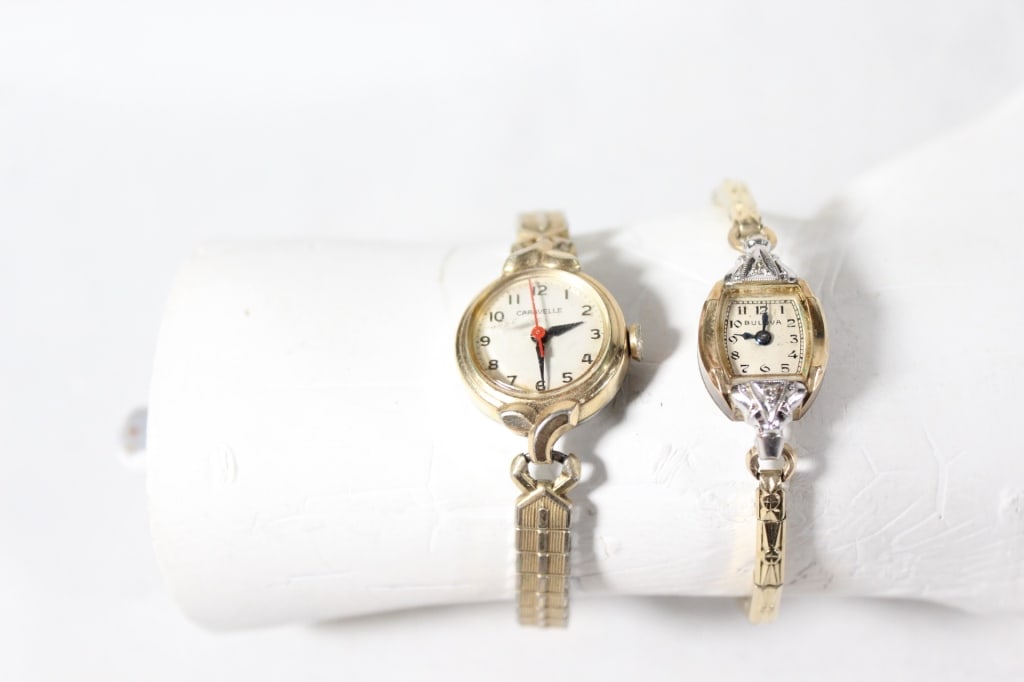 Pari of Vtg Ladies Wristwatches Bulova & Caravelle: Bulova Diamond Accent Gold Filled Watch, #856606; no stem; Vintage Caravelle Watch - winds and runs