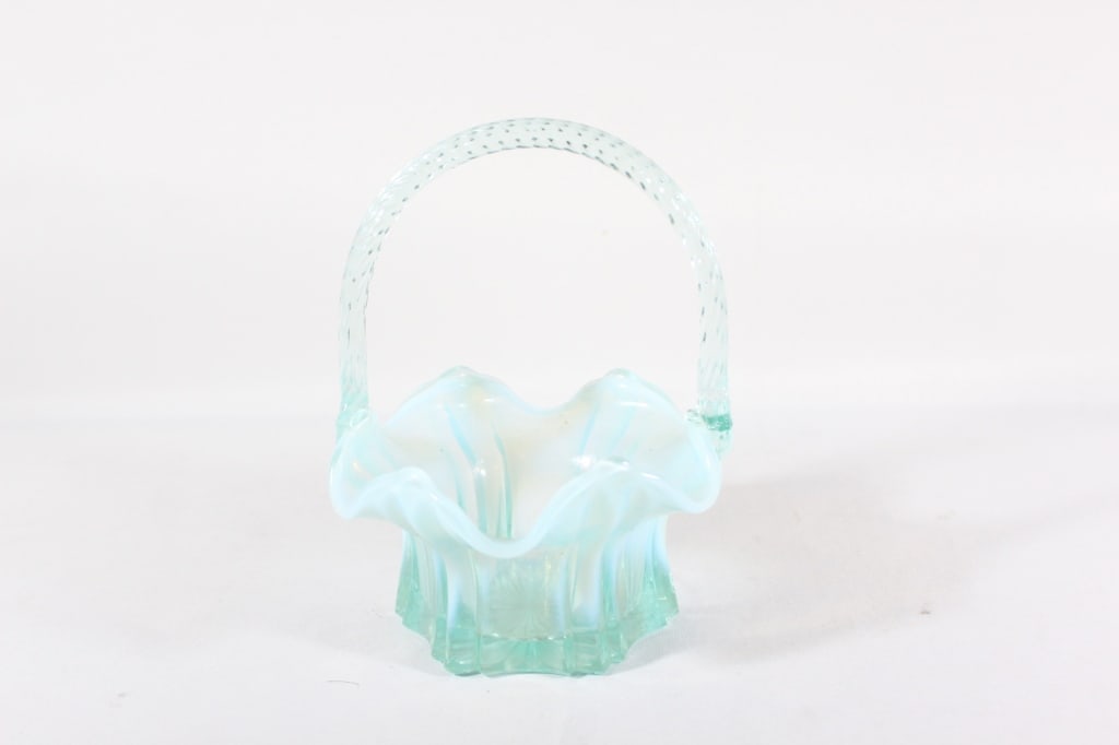 Fenton Green Opalescent Glass Basket: *Proceeds from this lot benefit the Rotary Club of Greater Gainesville (Fla.)