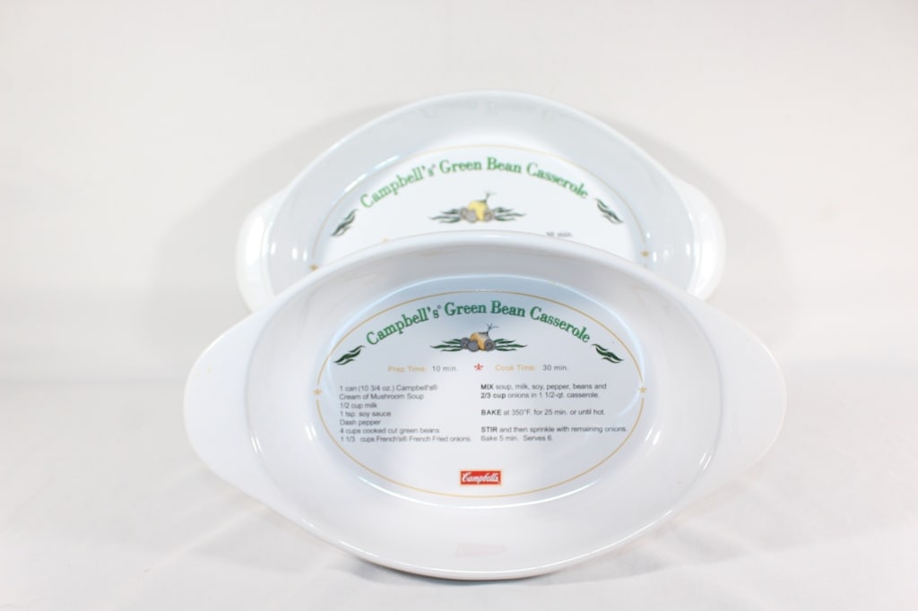 Set of Campbell's Green Bean Casserole Dishes: Two Mint Condition Campbell's Green Bean Casserole Dishes with Recipe. Good overall as pictured *Proceeds from this lot benefit the Rotary Club of Greater Gainesville (Fla.)