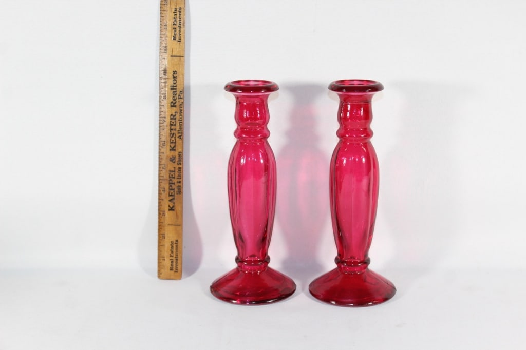 Red glass candlestick holders: roughly 9 inches tall Good overall as pictured