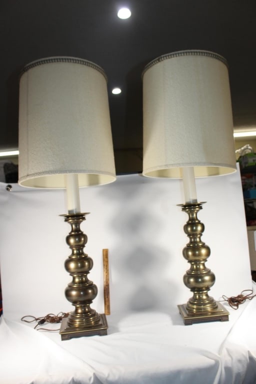 Two large VTG Stiffel brass lamps with org shades (1 of 4)