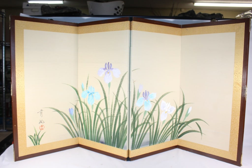 Folding Handpainted Asian Floral on Silk: Good overall as pictured; measures about 48x 24 inches tall; Proceeds from this lot benefit the Pride Community Center of North Central Florida