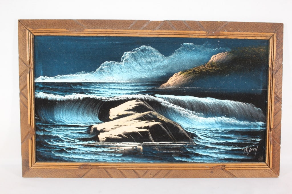 Signed Ocean Night Scene on Black Velvet (1 of 2)