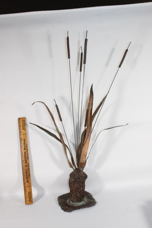1960s MCM Copper and wood Cattail sculpture: Good overall as pictured