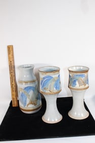 VTG Stoneware pottery carafe with 2 goblets