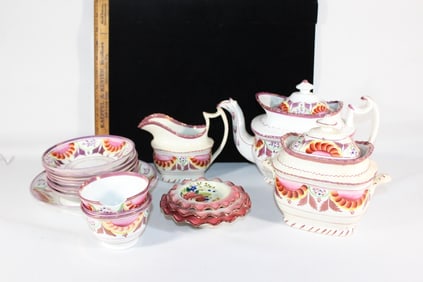 Pink lusterware tea set c1800s etc.