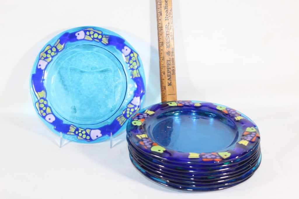 Set of 9 signed Jen Mitchell hand blown plates: dessert plates Good overall as pictured