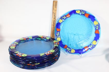 8 signed Jen Mitchell hand blown plates