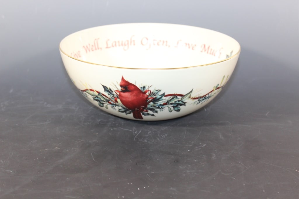 Lenox Bowl With Cardinal on the Side: Has the phrase 'Live well, laugh often, Love Much' on the inside. Measures approximately 9 inches across and is 3 1/2 inches tall. Comes with original box and lifetime breakage registration from Lexox