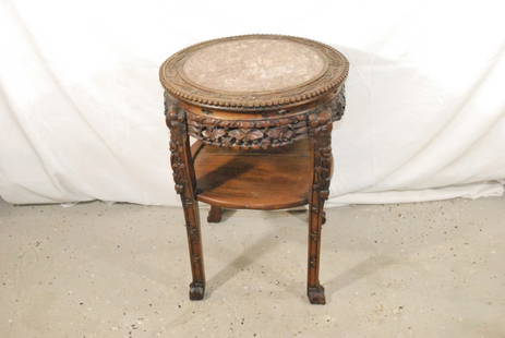 Antique Rose Marble Carved Wood Side Table: measures about 19 inches diameter by 26 inches tall; Proceeds from this lot benefit the Pride Community Center of North Central Florida