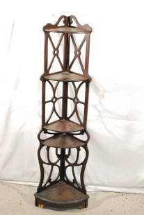 Antique Walnut Knick-Knack Corner Shelf: measures about 48 inches tall; some damage to bottom as pictured; Proceeds from this lot benefit the Rotary Club of Greater Gainesville (Fla.)