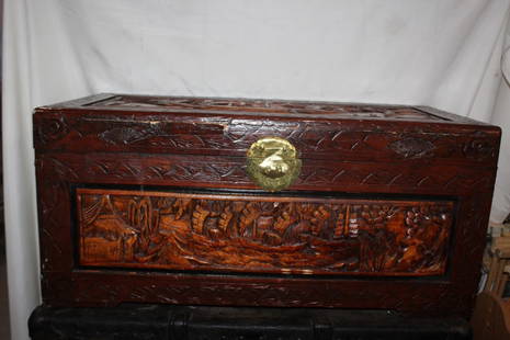 Asian Carved Wood Small Trunk: measures about 34 inches long by 16 inches deep by 15 inches tall; some scuffs etc.