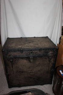 Large 1904 Antique Black Steamer Trunk: measures about 33 inches by 33 inchese by 15 inches deep