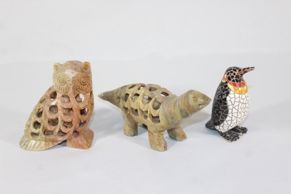Soapstone Owl, Dinosaur & Decorative Penguin: Good overall as pictured